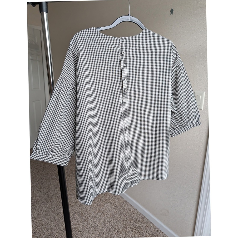 Soolinen‎ Black White Gingham Check Linen Blouse 3/4 Puff Sleeve Back Button Top
